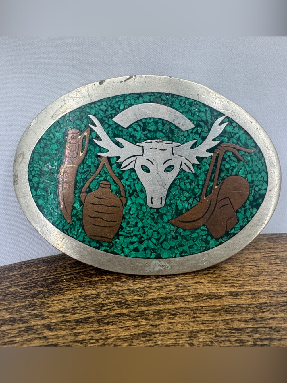 Vintage Southwest Silver Hencho Mexico Turquoise Inlay w/ Copper Belt Buckle